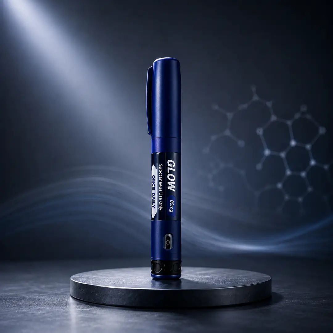 Navy GLOW 80mg disposable research pen on a dark studio pedestal.