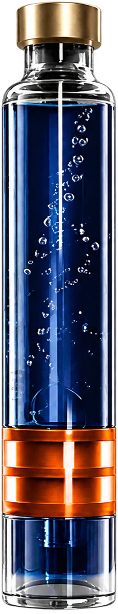 A glass refill cartridge of cobalt liquid with a gold cap and an orange ribbed stopper