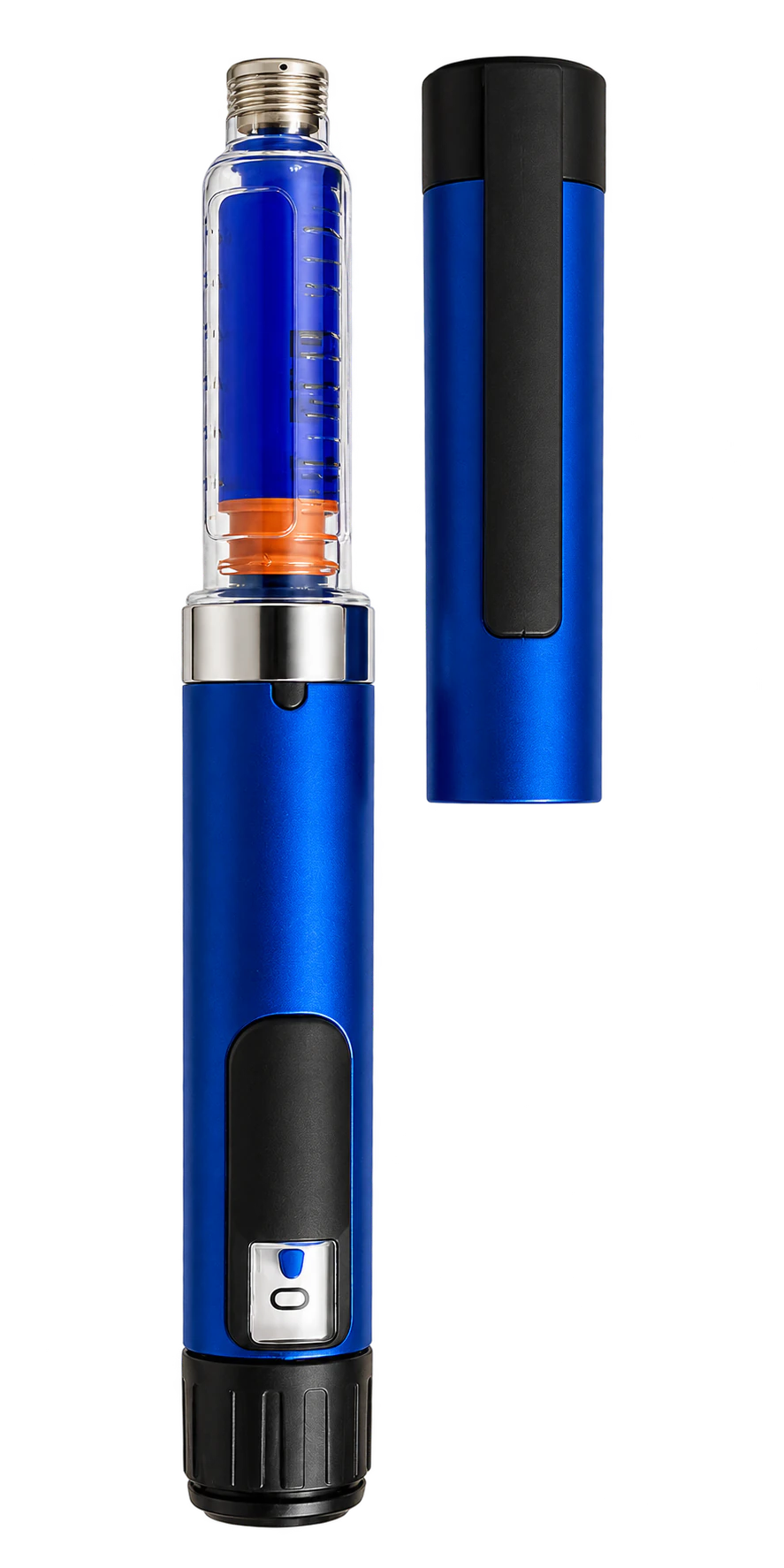 The reusable pen with its cap off, showing a clear refill cartridge of cobalt liquid seated in the body
